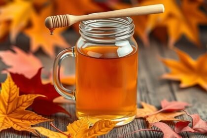 Juharszirup üvegben fából készült kanállal és őszi falevelek között.