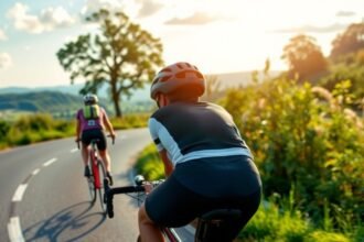 Két kerékpáros a naplementében, zöld tájon haladnak