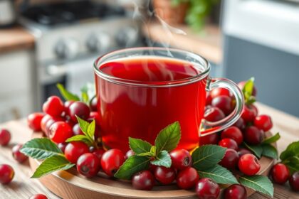 Gőzölgő vörösáfonya tea friss bogyós gyümölcsökkel és levelekkel