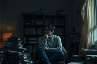 Egy fiatal ember gondolkodik a nehézségekről egy könyvekkel teli szobában.
