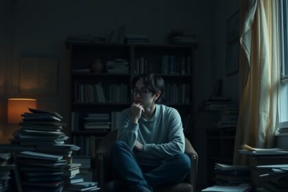 Egy fiatal ember gondolkodik a nehézségekről egy könyvekkel teli szobában.