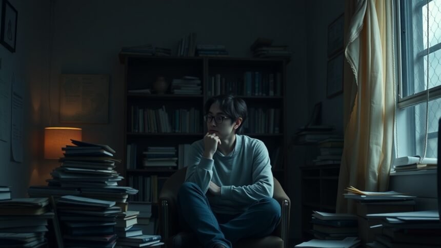 Egy fiatal ember gondolkodik a nehézségekről egy könyvekkel teli szobában.