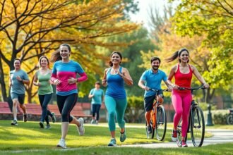 Csoport aktívan sportoló emberek a parkban, egészséges életmódot népszerűsítenek.