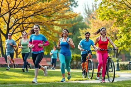 Csoport aktívan sportoló emberek a parkban, egészséges életmódot népszerűsítenek.