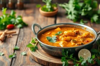 Fűszeres curry étel friss zöldségekkel és fűszerekkel tálalva