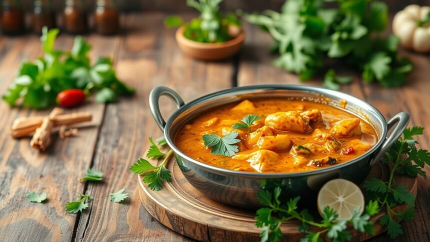 Fűszeres curry étel friss zöldségekkel és fűszerekkel tálalva