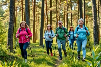 Öt felnőtt nordic walking a napsütéses erdőben, egészséges életmódban.
