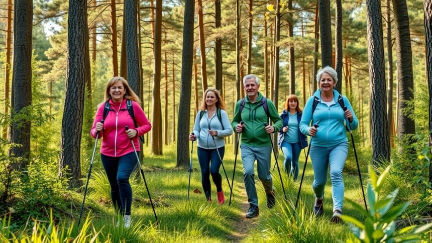 Öt felnőtt nordic walking a napsütéses erdőben, egészséges életmódban.