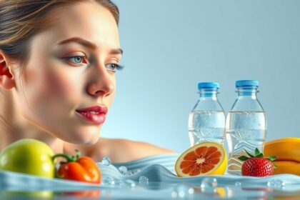 Hidratálás és vízfogyasztás előnyei - gyümölcsök és víz mellett egy fiatal nő