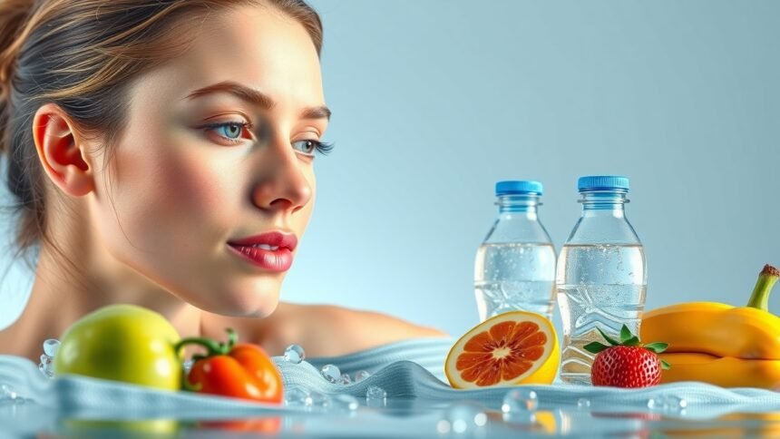 Hidratálás és vízfogyasztás előnyei - gyümölcsök és víz mellett egy fiatal nő