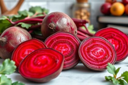 Friss cékla szeletek és egész cékla szárak az egészséges táplálkozásért.