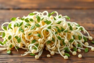 Friss szójacsíra és zöld levelek egészséges ételekhez.