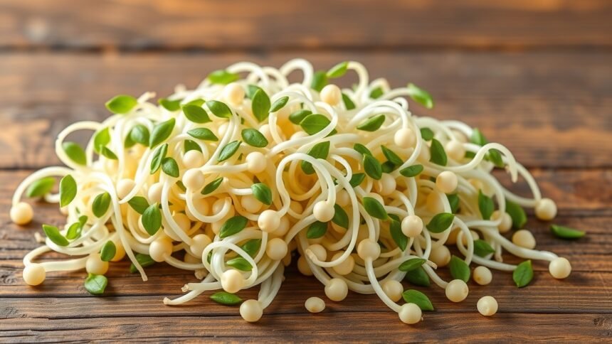 Friss szójacsíra és zöld levelek egészséges ételekhez.