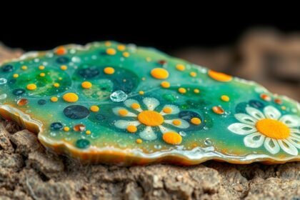 Gyönyörű zöld színű tűzkő, virágmintákkal díszítve