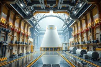 Modern atomerőmű belső tere, gőzturbinák és folyamatos energiaellátás.