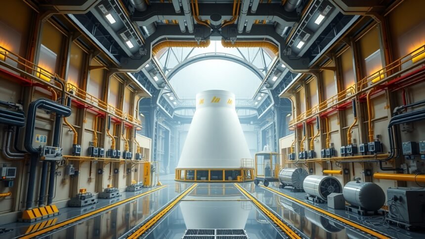 Modern atomerőmű belső tere, gőzturbinák és folyamatos energiaellátás.