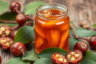 Tamarindzselé üvegben friss tamarind gyümölcsökkel és levelekkel.