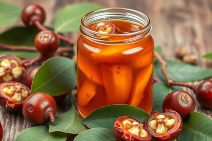 Tamarindzselé üvegben friss tamarind gyümölcsökkel és levelekkel.