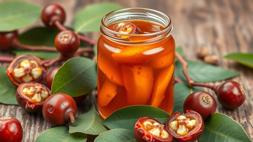 Tamarindzselé üvegben friss tamarind gyümölcsökkel és levelekkel.