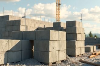 Salakblokk téglák építkezéshez, alapanyagok a munkaterületen