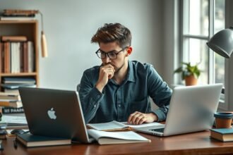 Fiatal férfi tudatos döntéshozatal gyakorlása laptopnál