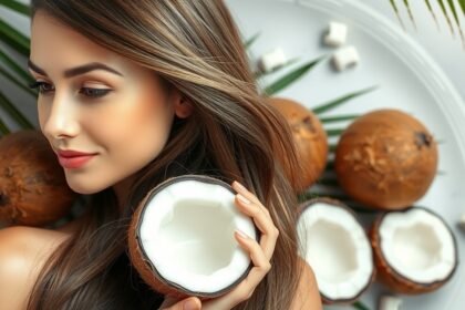 Nő kókuszdiót tart a kezében, gyönyörű hajjal és természetes háttérrel