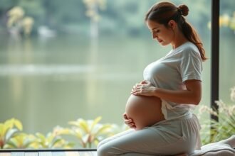 Kismama ül a természetben, pihen és stresszkezelést gyakorol terhesség alatt.