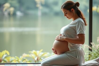 Kismama ül a természetben, pihen és stresszkezelést gyakorol terhesség alatt.