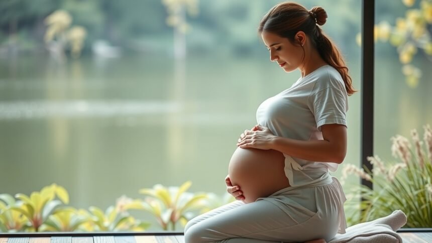 Kismama ül a természetben, pihen és stresszkezelést gyakorol terhesség alatt.