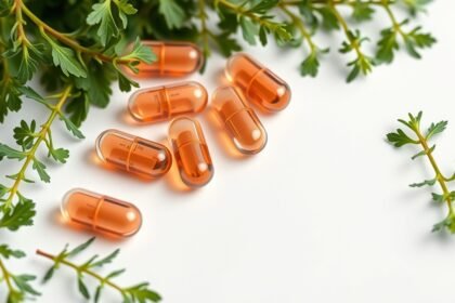 Oregánó kapszulák és friss oregánó levelek egy fehér felületen.