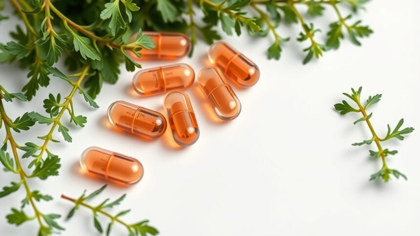 Oregánó kapszulák és friss oregánó levelek egy fehér felületen.