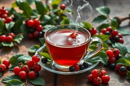 Feketeribizli levél tea gőzölgő csészében fekete és piros bogyós gyümölcsökkel