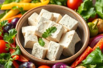 Friss tofu salátával és zöldségekkel körülvéve belső tálban.