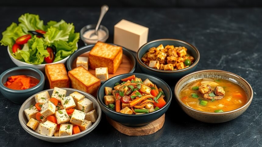 Friss tofu ételek tálalva, zöldségekkel és salátával