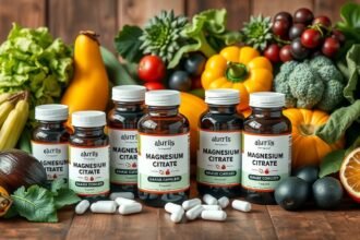 Különféle magnézium-citrát kiegészítők friss zöldségek mellett