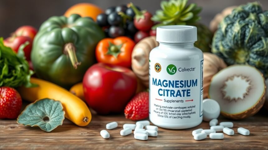 Magnézium-citrát táplálékkiegészítő zöldségekkel és gyümölcsökkel