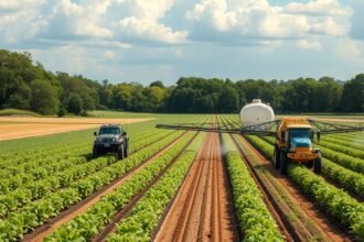 Két traktor herbicidet permetez a zöldségültetvényen