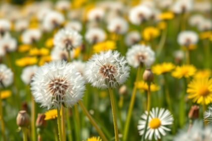 Pitypangmező virágai és gyümölcsök, színes természet