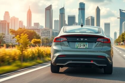 Zöld rendszámos autó városi környezetben, fenntartható közlekedés