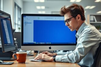 Férfi dolgozik a számítógépén Microsoft Word dokumentummal