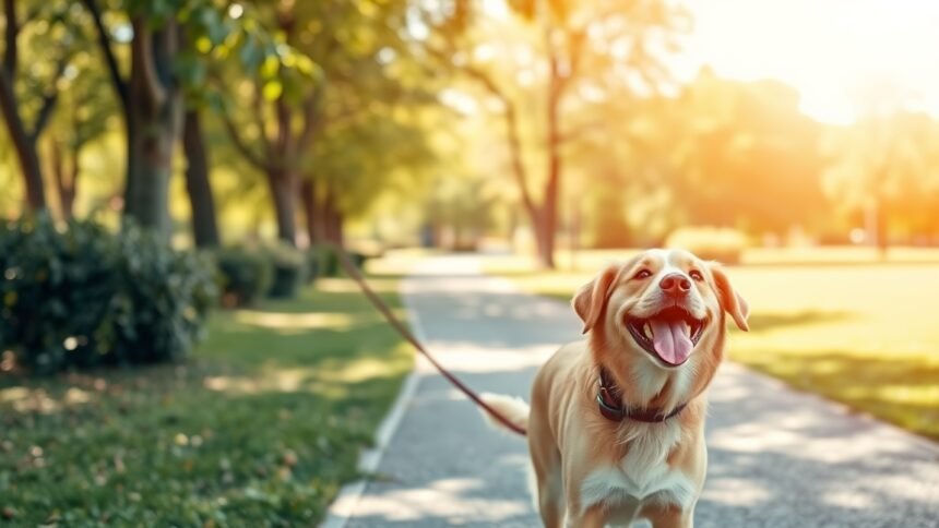 Boldog kutya sétál a parkban, napsütéses időben.