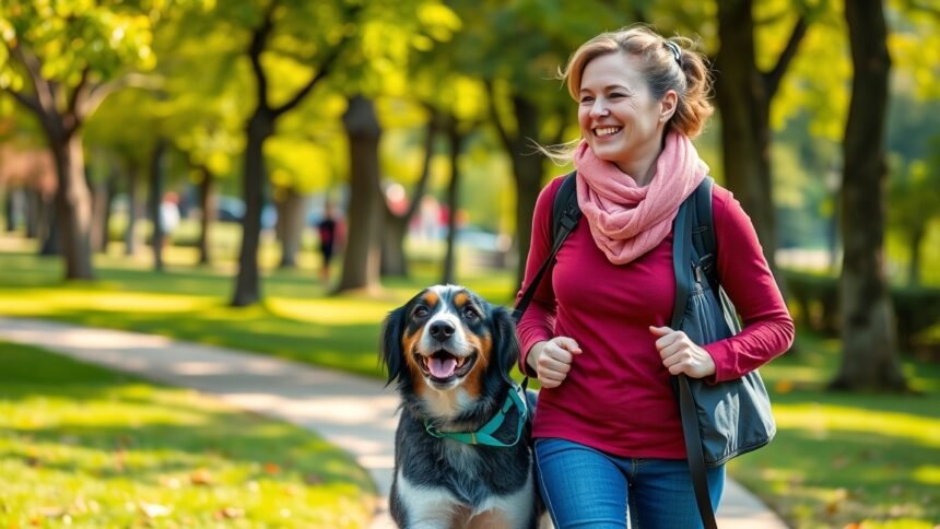 Nő kutyájával sétál a parkban, egészség és boldogság jelei láthatók.