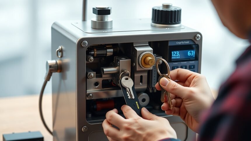 Kulcsmásoló gép használata pótkulcsok készítésére.