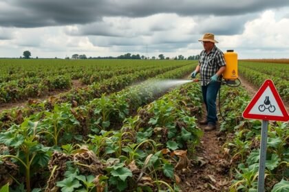 Gazdálkodó gyomirtót használ a mezőgazdasági területen.