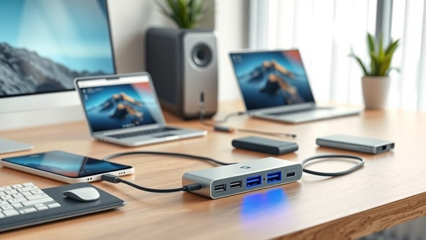 Aktív USB hub több eszközhöz, stabil áramellátással és adatátvitellel.