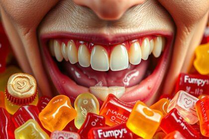 Mosolygó száj gumicukrokkal körülvéve, egészségügyi kockázatokkal.