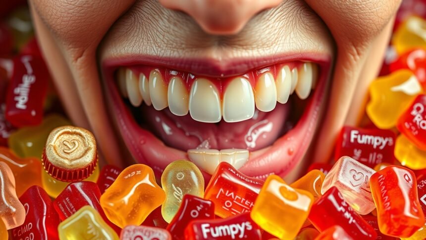 Mosolygó száj gumicukrokkal körülvéve, egészségügyi kockázatokkal.