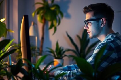 Fiatal férfi kék fény-szűrős szemüvegben számítógép előtt ülve.