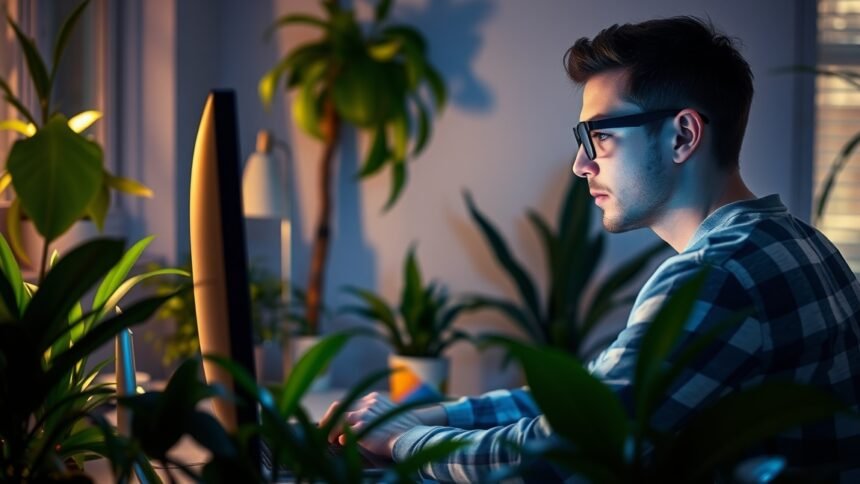 Fiatal férfi kék fény-szűrős szemüvegben számítógép előtt ülve.