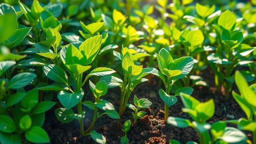 Friss zöld növények a kertekben, a nitrogén fontosságának bemutatása.